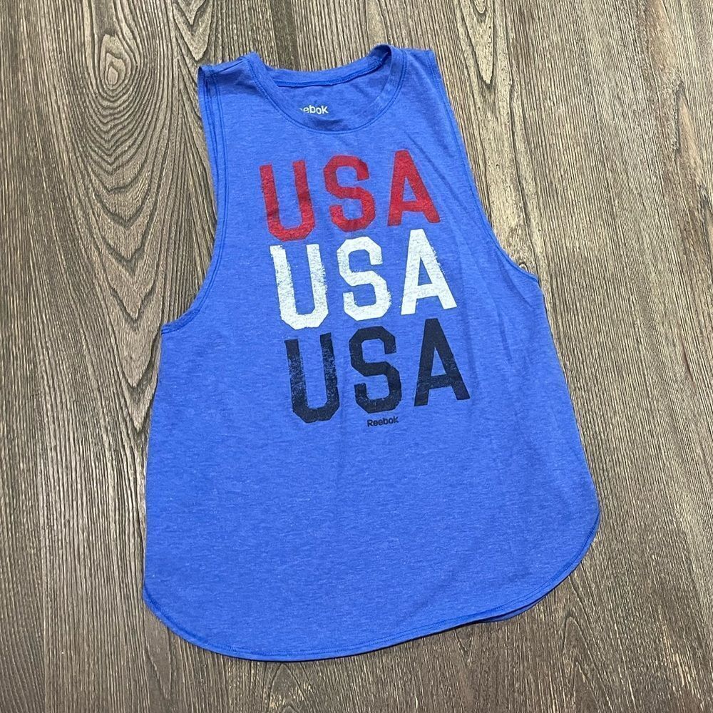 Reebok Womens Drop Armhole Heather Graphic Tank Scoop Neck Pullover Blue Size XS